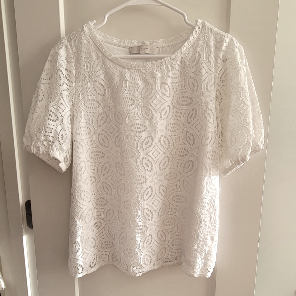 Loft White Lace Puffed Sleeves Eyelet Top Size S